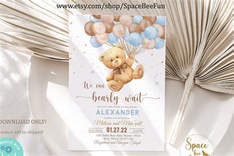 Editable Teddy Bear Baby Shower Invitation We Can Bearly Wait Boy Hot Air Balloon Bear Theme