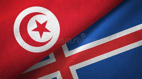 Tunisia And Iceland Two Flags Textile Cloth Fabric Texture Stock