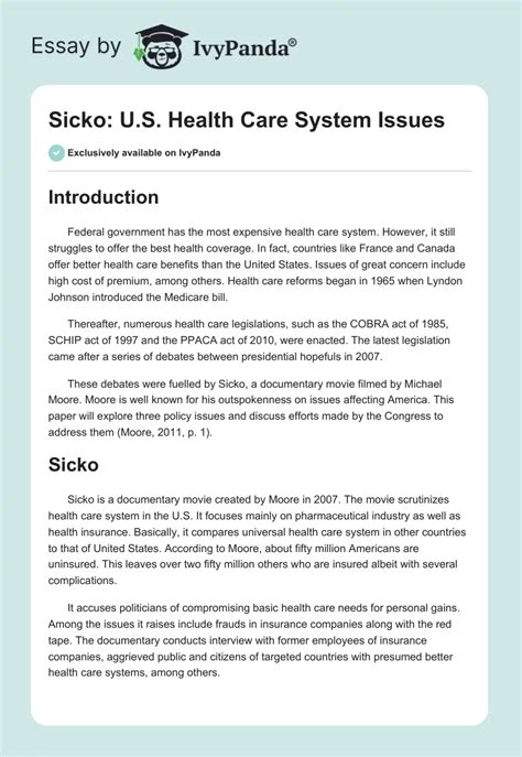 Sicko: U.S. Health Care System Issues - 931 Words | Essay Example