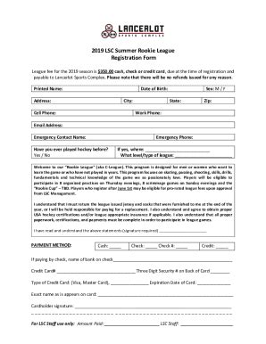 Fillable Online 2019 LSC Summer Rookie League II Registration Form Fax