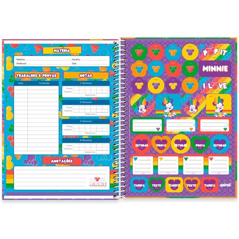 Caderno universitário capa dura 1x1 80 folhas Disney Minnie Pop It