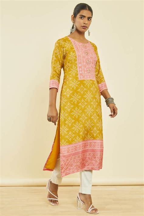 Buy Soch Mustard Muslin Bandhani Print Kurta With Cutdana Online At