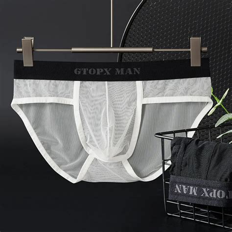 Sexy Men Boxer Briefs Ultra Thin Ice Silk Underwear See Through U Pouch Lingerie Low Rise