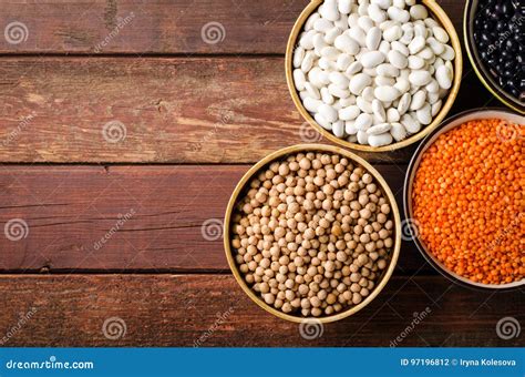 Assorted Beans In Bowls With Red Lentil Chick Pea And Kidney Bean On