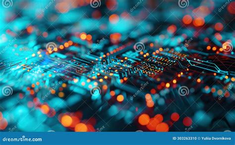 Technology Digital Binary Data On Microchip With Glow Circuit Board