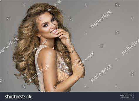 Sensual Beautiful Blonde Woman Posing Shining Stock Photo 763058176