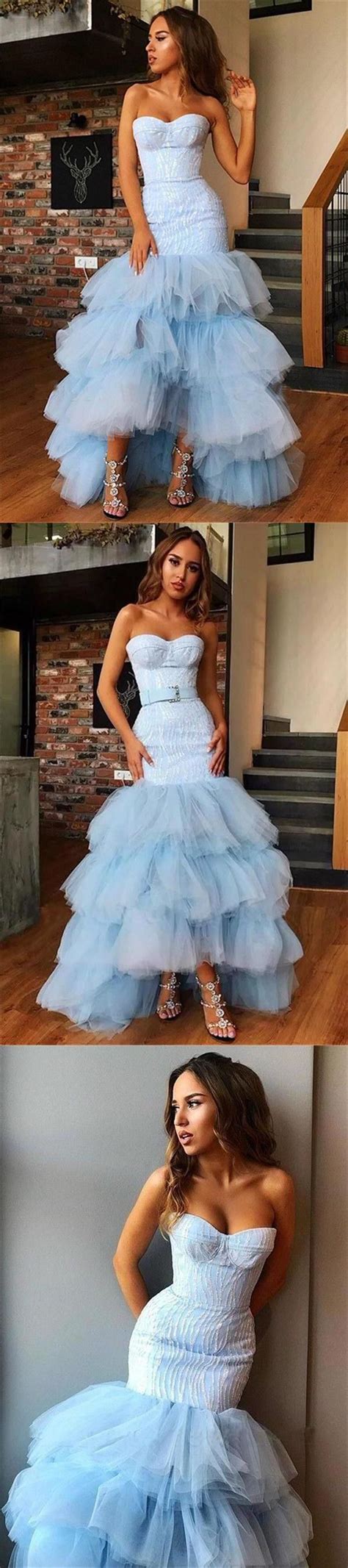 Light Blue Mermaid Strapless Tulle Prom Dresses Bowknot Layers Evening