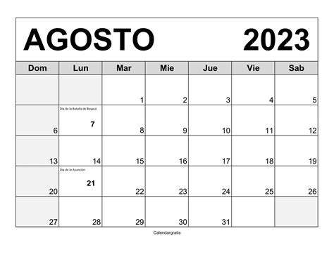 Calendario Agosto 2023 Con Festivos Colombia