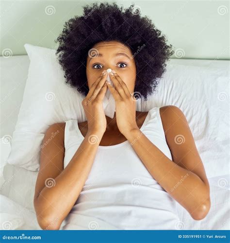 Sick, Bed and Portrait of Black Woman, Tissue and Sneezing in Bedroom