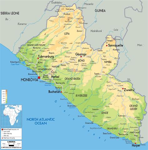 Large physical map of Liberia with roads, cities and airports | Liberia | Africa | Mapsland ...