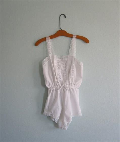 Vintage 1980s Teddy White Cotton And Lace Lingerie Romper 80s