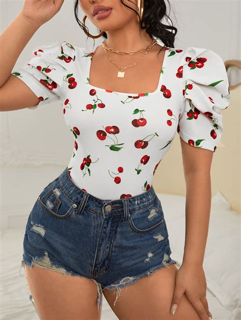 Shein Privé Cherry Print Puff Sleeve Blouse Shein Uk