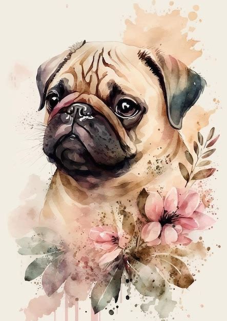 Vetor Vibrante Do Retrato Da Aguarela Do Cão Pug Vetor Premium