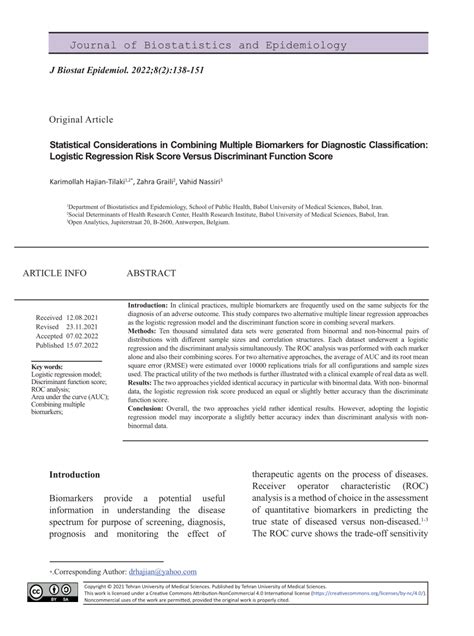 Pdf Statistical Considerations In Combining Multiple Biomarkers For