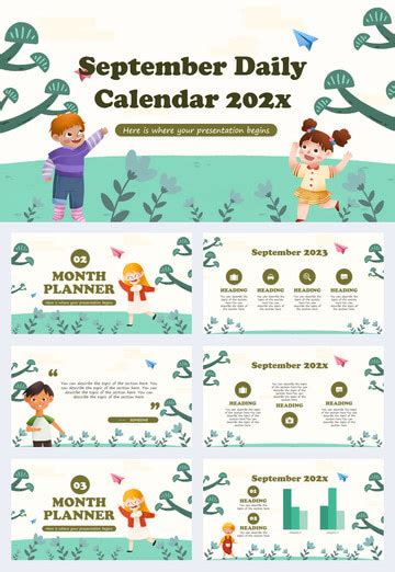 September Green Cartoon Calendar Chart PowerPoint | PSD Template Free ...