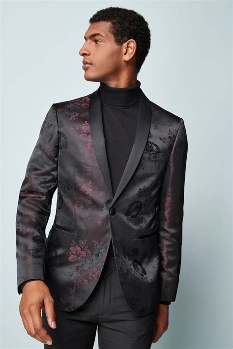 Mens Next Burgundy Rose Pattern Jacquard Slim Fit Tuxedo Jacket Red