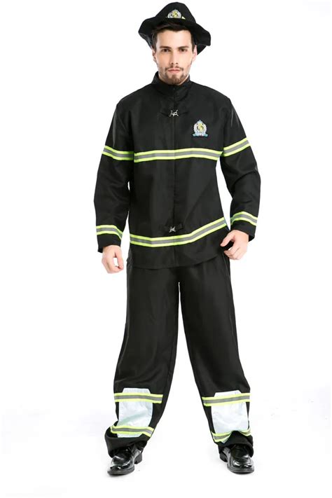 Adult Man Black Fireman Uniform Halloween Firefighters Cosplay Fancy