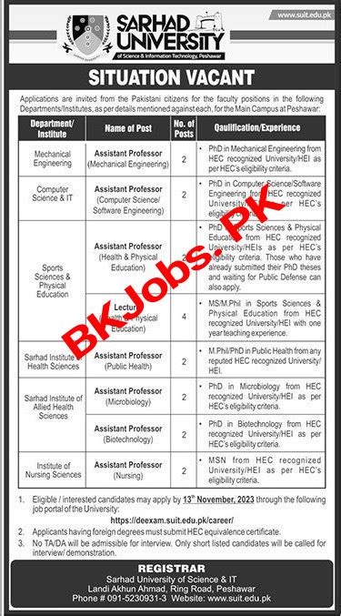 Sarhad University Peshawar Jobs 2023 For Teaching Staff Bk Jobs