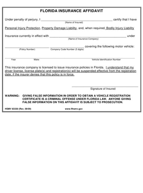 Florida Insurance Affidavit Form Hsmv 83330 Printable Form 2024