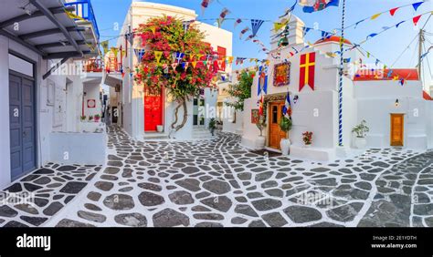 Mykonos Greece Panorama Of The Narrow Streets Of Mykonos Town Stock