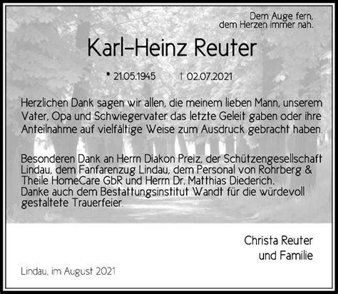 Traueranzeigen Von Karl Heinz Reuter Trauer HNA De