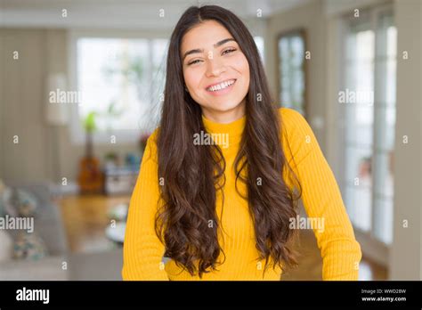 Beautiful Brunette Woman Smiling Cheerful Looking Happy And Positive