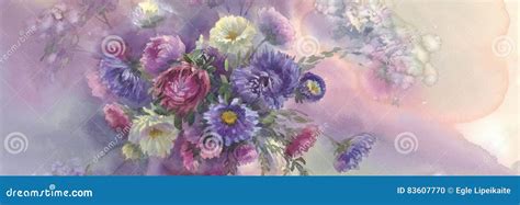 Steres Violetas Na Ainda Vida Da Aquarela Do Vaso Ilustra O Stock