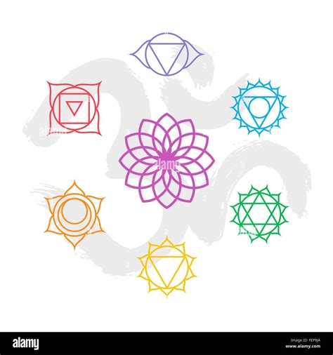 Set Of Simple Outline Chakra Icons With Om Handmade Calligraphy