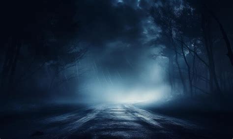 Premium Photo | Fog In Spooky Forest At Moon Light On Asphalt