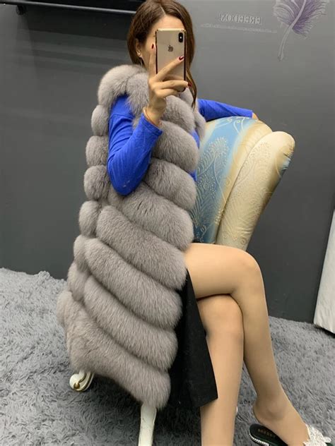 Long Real Genuine Fox Fur Vest Women Luxury Natural Fox Fur Blue Fox