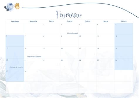 Calendario Mensal Floral Rosas Azuis Fevereiro Fazendo A Nossa Festa