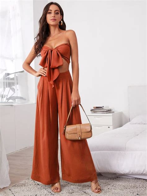 Shein Vcay Tie Front Tube Top Pleated Wide Leg Trousers Set Shein Uk