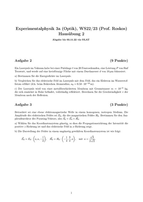 Hausuebung 02 Übungsblätter Physik bei Prof Roskos