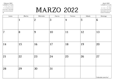 Calendario Marzo Para Imprimir