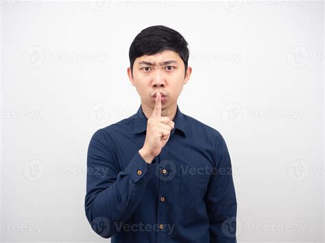 Asian Man Gesture Shush Serious Face Slient Concept White Background