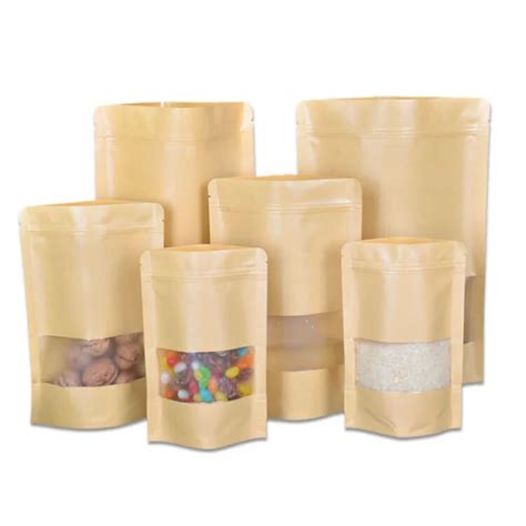 100 50pcs Zip Lock Kraft Paper Window Bags StandUp Gift Packaging