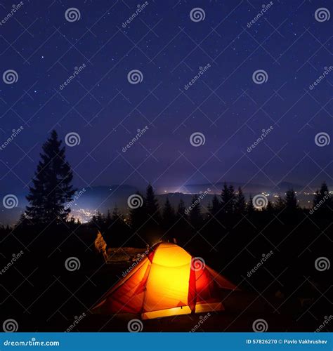 Illuminated Orange Camping Tent Stock Photo Image Of Landscape