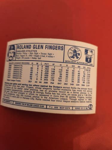 Kellogg S D Super Stars Rollie Fingers Oakland A S No Cracks