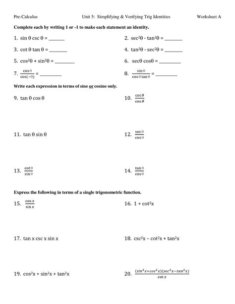 Worksheet A Simplifying Trig Expressions Pre Calculus Unit