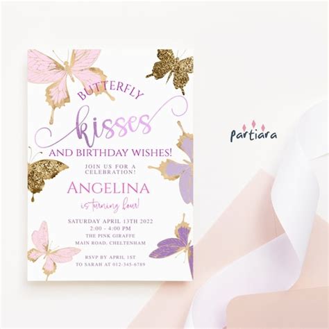 Butterfly Birthday Invitation Girl Pink Purple Lilac And Gold Etsy