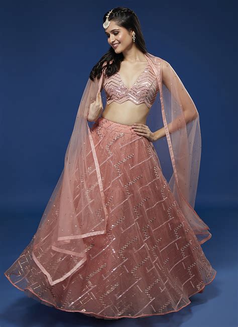 Buy Peach Net Party Wear Sequins Work Lehenga Choli Online From