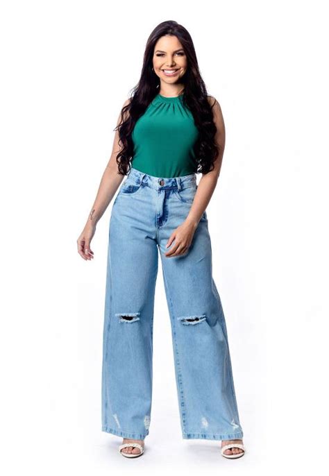 Calça Super Wide Leg Jeans Sem Elastano Devorê Restrito Jeans