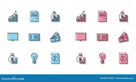 Set Line Money Bag And Diagram Graph Light Bulb With Concept Of Idea