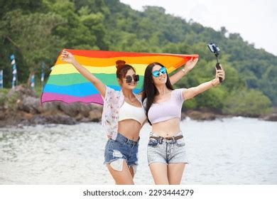 Lgbt Lesbian Couple Rainbow Flag Taking Stock Photo 2293444279