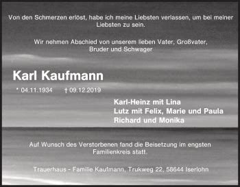 Traueranzeigen Von Karl Kaufmann Trauer In Nrw De