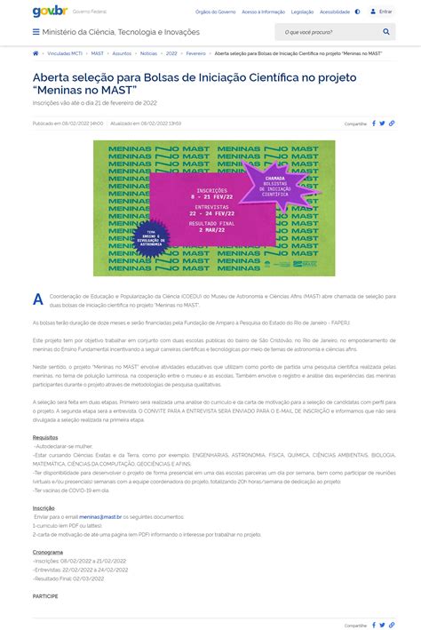 Portal MCTI Boletim Diário Aberta seleção para Bolsas de Iniciação