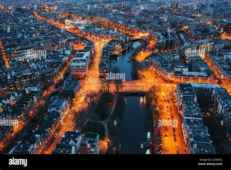 Amsterdam City Skyline At Night Aerial View Amsterdam Netherlands