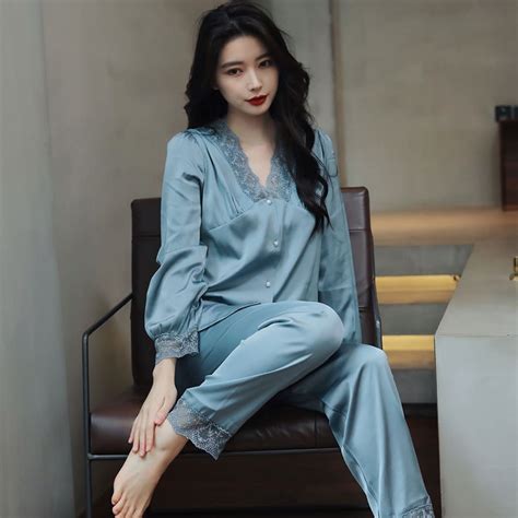 Women Sexy Ice Silk Lace Pyjamas Suit Long Sleeve Satin Pajama Set