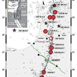 Seismic activity in the Dead Sea Transform region; the map shows ...