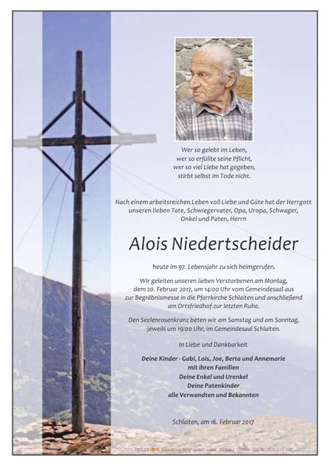 Todesanzeige Alois Niedertscheider Trauer Link